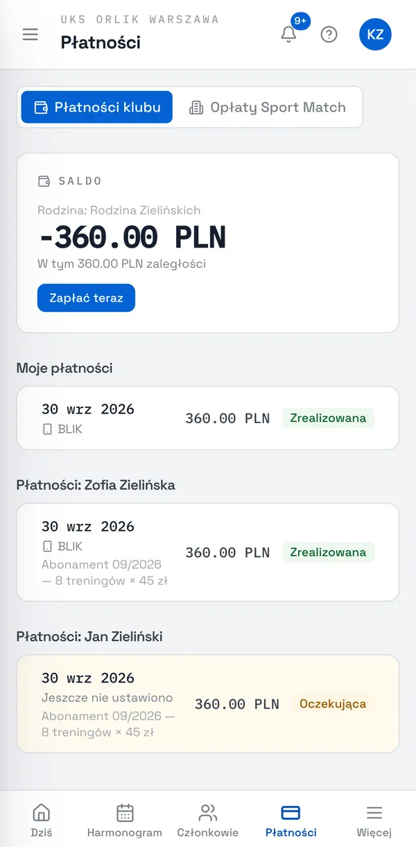 Zrzut ekranu Sport Match: Płatności rodzica: wspólne saldo rodziny i opłaty każdego dziecka.