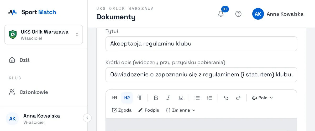 Zrzut ekranu Sport Match: Kliknij Edytuj przy swoim wzorze. Na górze wybierz Typ dokumentu (gdzie trafią przesłane pliki) i Dla kogo jest wzór: Wszyscy, Dzieci (podpisuje rodzic) albo Dorośli.