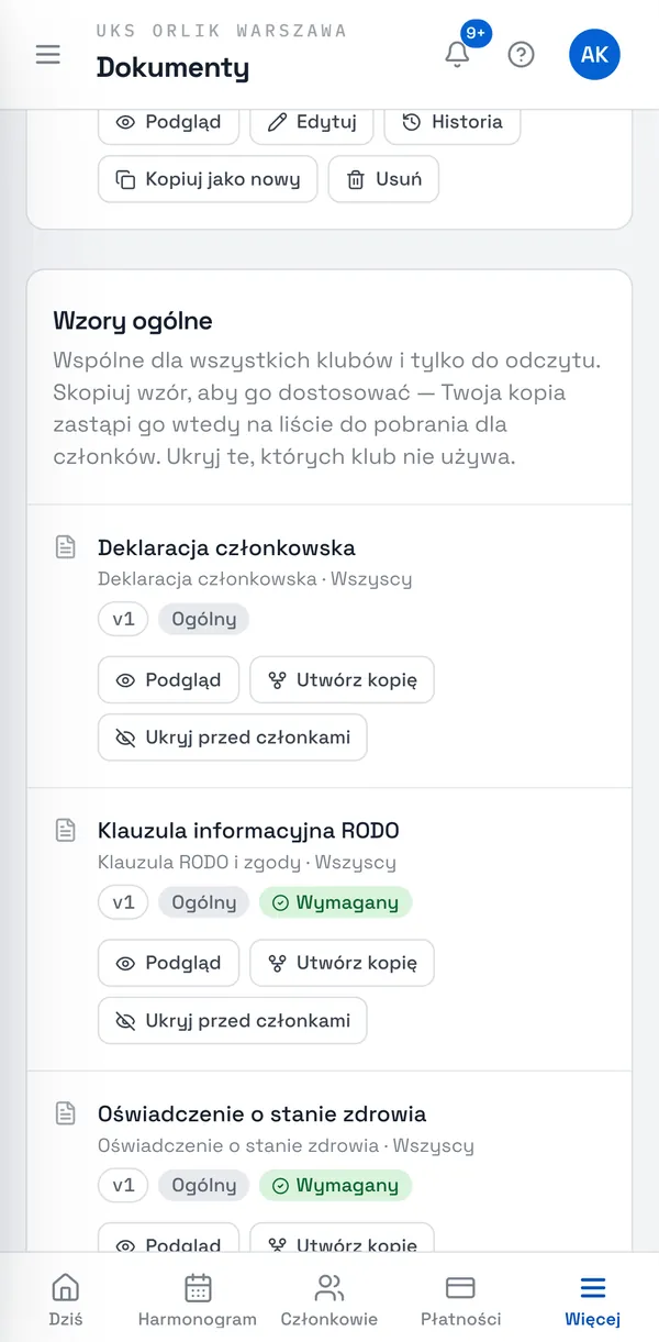 Zrzut ekranu Sport Match: W menu Ustawienia klubu otwórz Dokumenty, zakładka Wzory dokumentów.