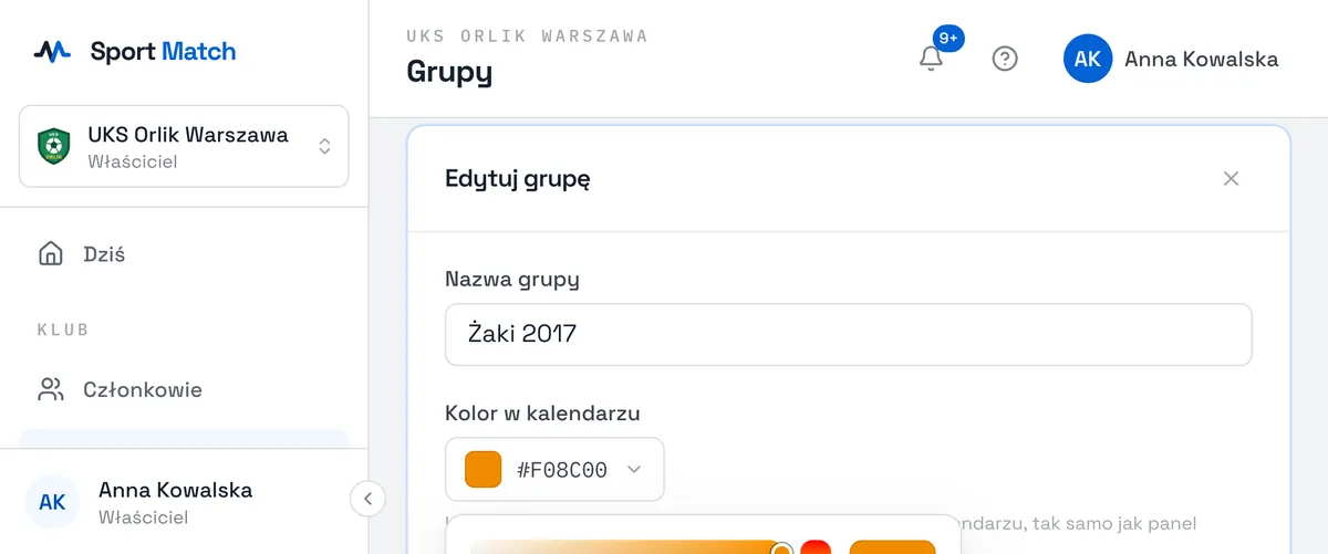 Zrzut ekranu Sport Match: Wybór koloru — z listą kolorów innych grup, żeby się nie powtarzały.