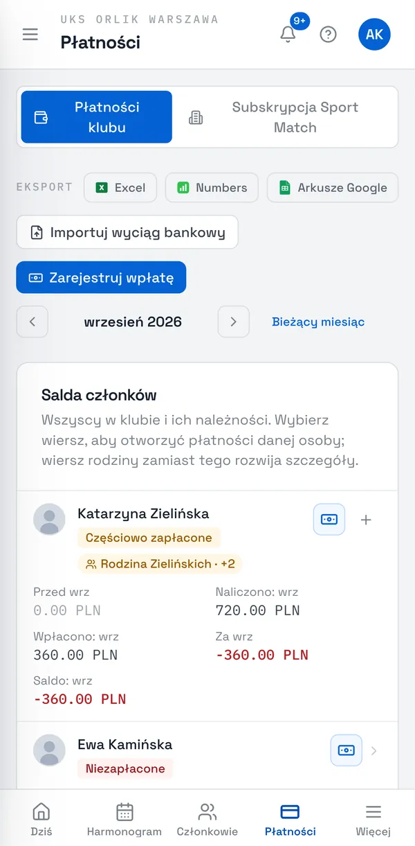 Zrzut ekranu Sport Match: Otwórz Płatności. Strzałkami obok nazwy miesiąca przejdź do miesiąca, który chcesz sprawdzić; Bieżący miesiąc wraca do dziś.