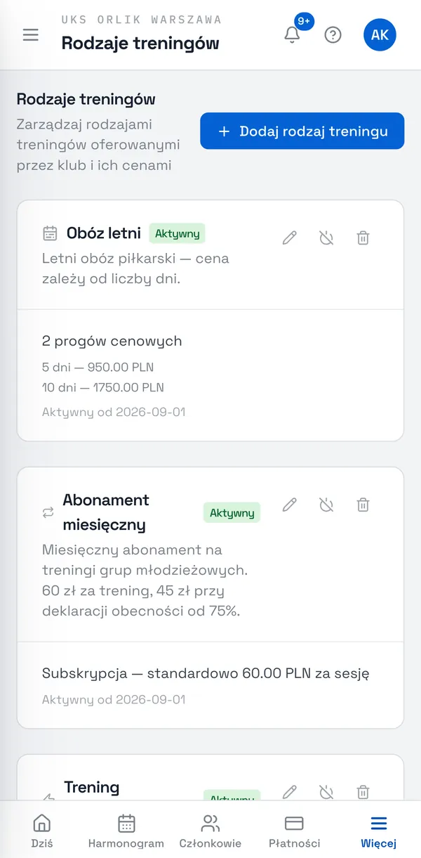 Zrzut ekranu Sport Match: Wybierz Dodaj rodzaj treningu.