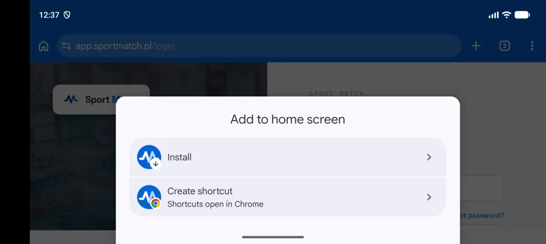 Screenshot: Choose Install — it installs Sport Match as an app, not just a shortcut.