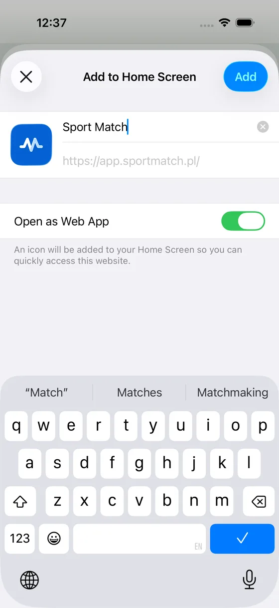 Screenshot: Leave Open as Web App switched on and tap Add.