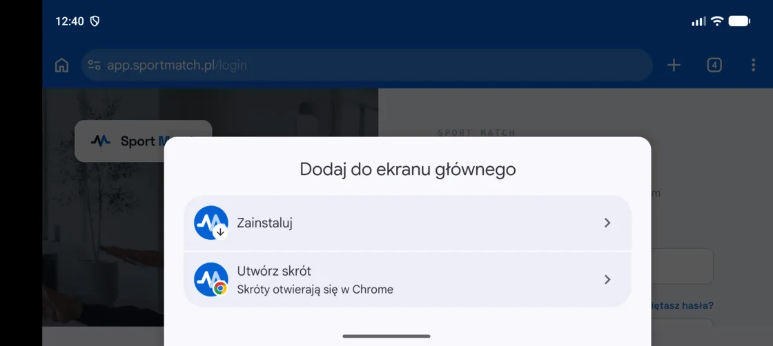 Zrzut ekranu: Wybierz Zainstaluj — Sport Match zainstaluje się jako aplikacja, a nie tylko skrót.